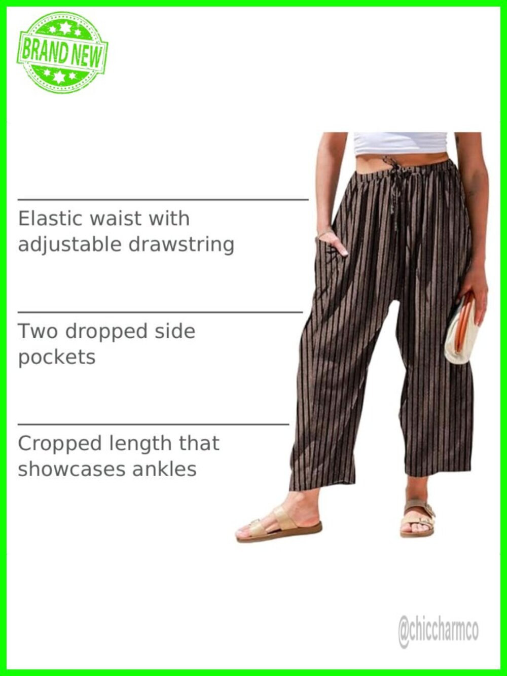 TARSE Womens Wide Leg Striped Linen Pants with Pocket - Picture 3 of 6